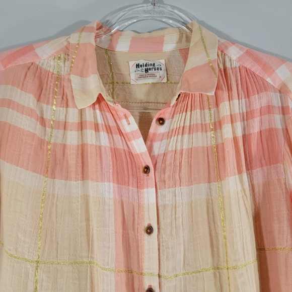 Anthro HOLDING HORSES Gailen pink plaid metallic stripe gauzy button down blouse - Picture 2 of 10